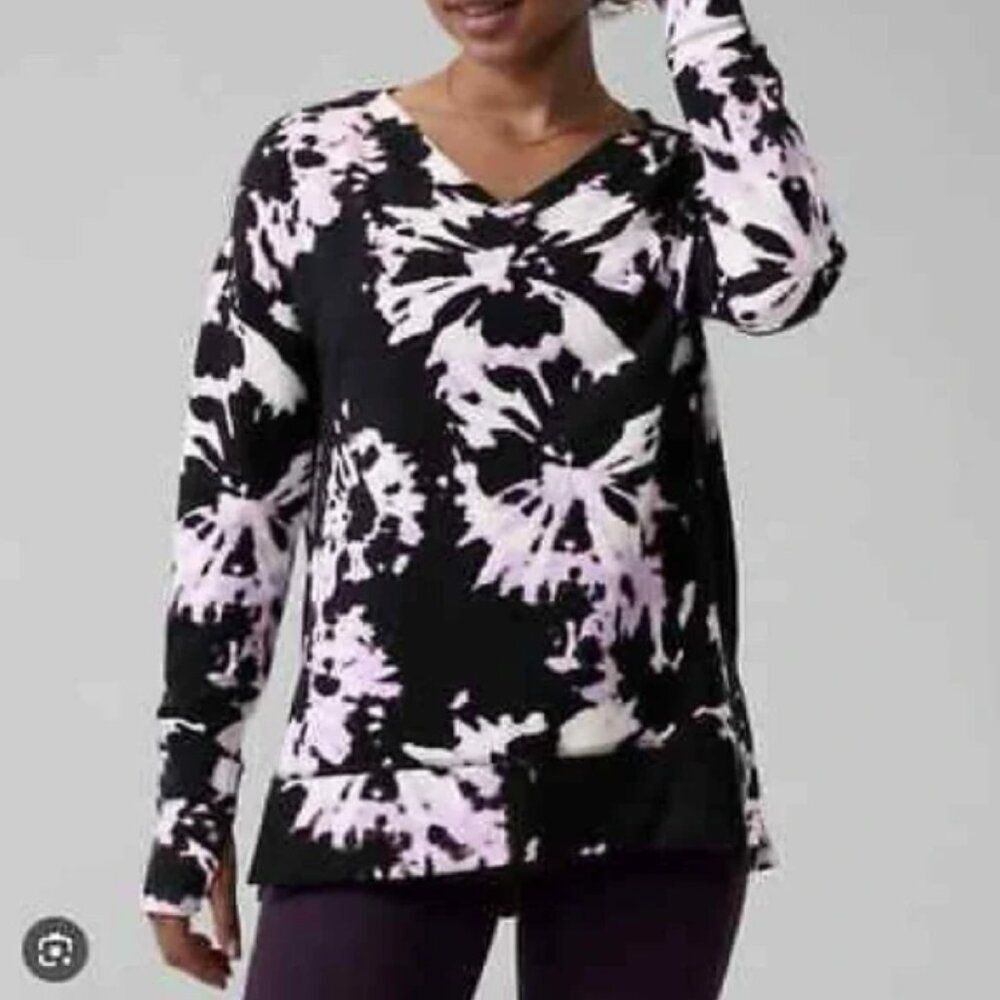 Athleta Coaster Luxe V-Neck Sweatshirt Black & Purple Tie Dye Print Size Small
